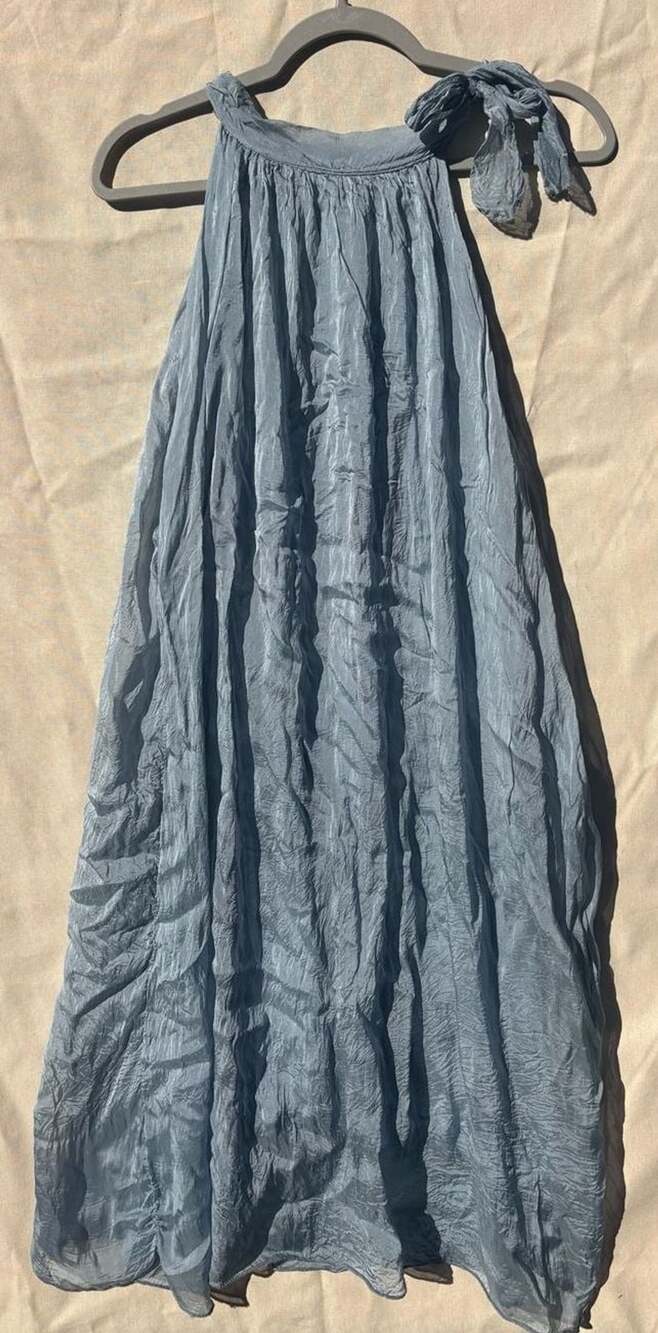 Tempo Paris Blue Crinkle Dress Size L Off Shoulder Tie Sleeve